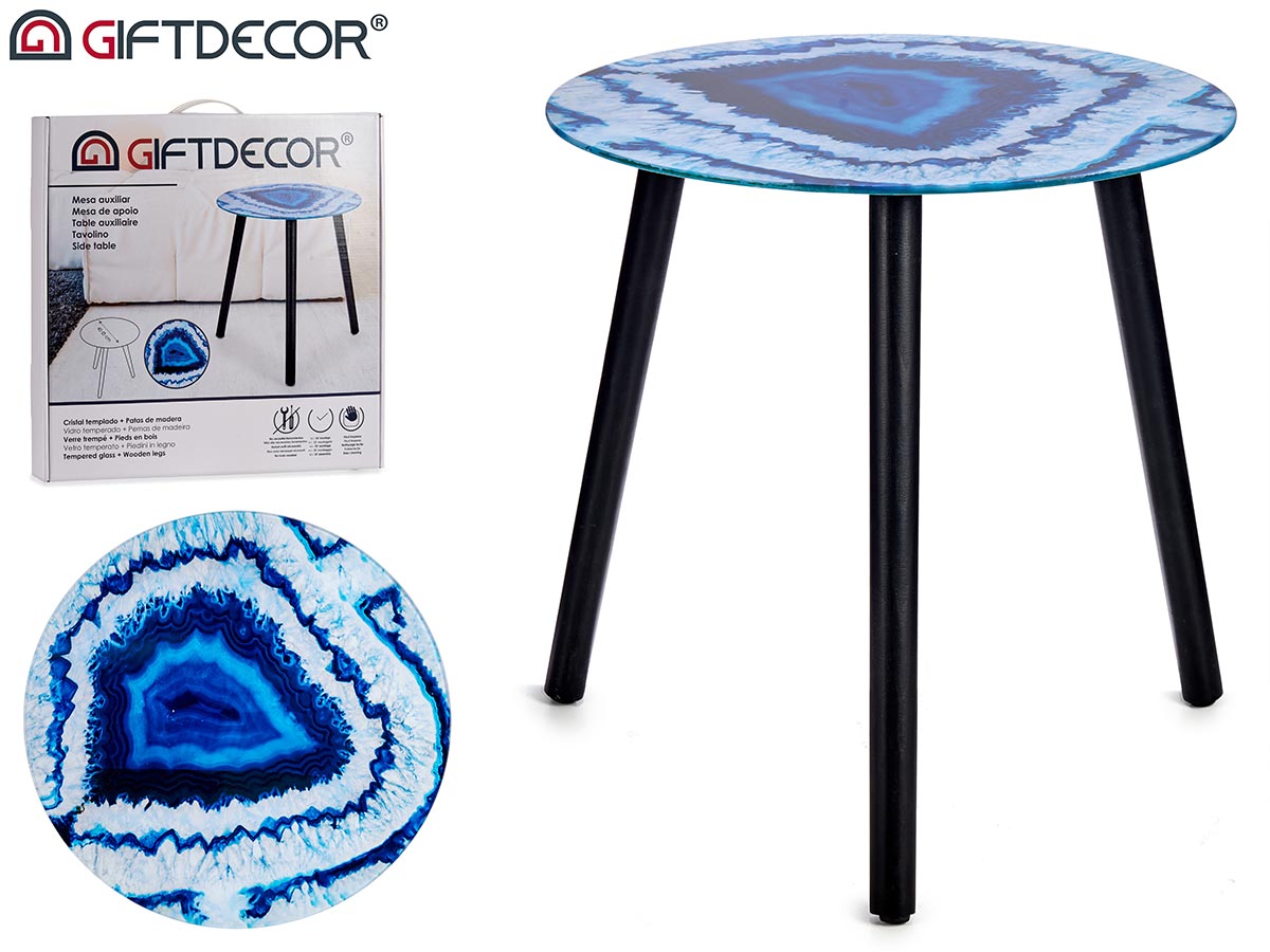 Mesa de vidro efeito mármore azul com pernas pretas