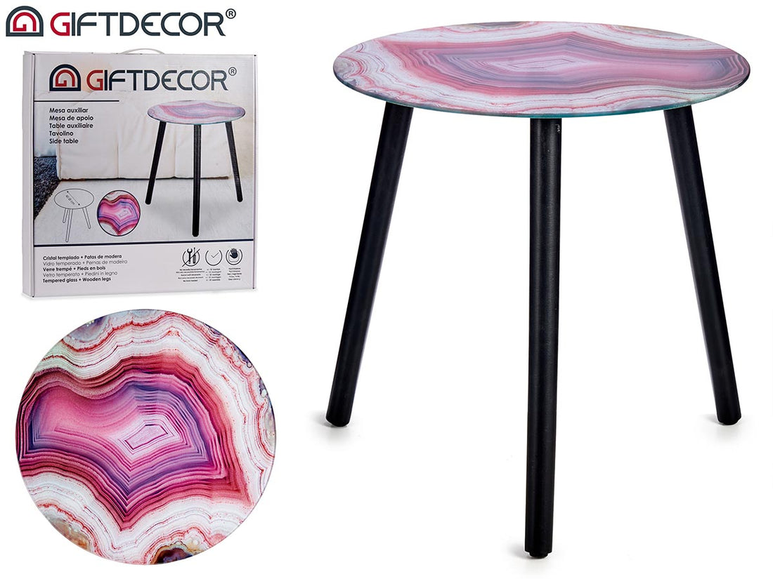 Pink Marble Effect Glass Table With Black Legs