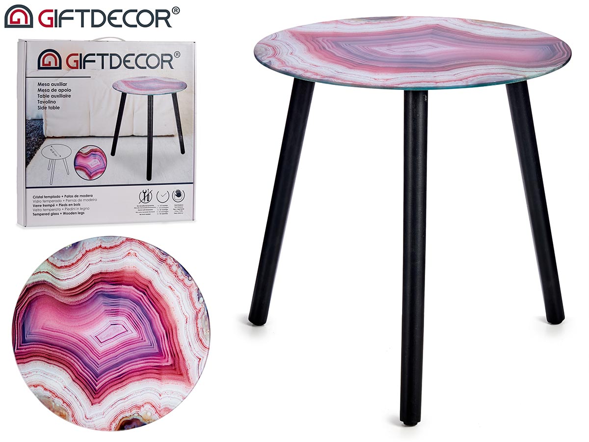 Mesa de vidro efeito mármore rosa com pernas pretas