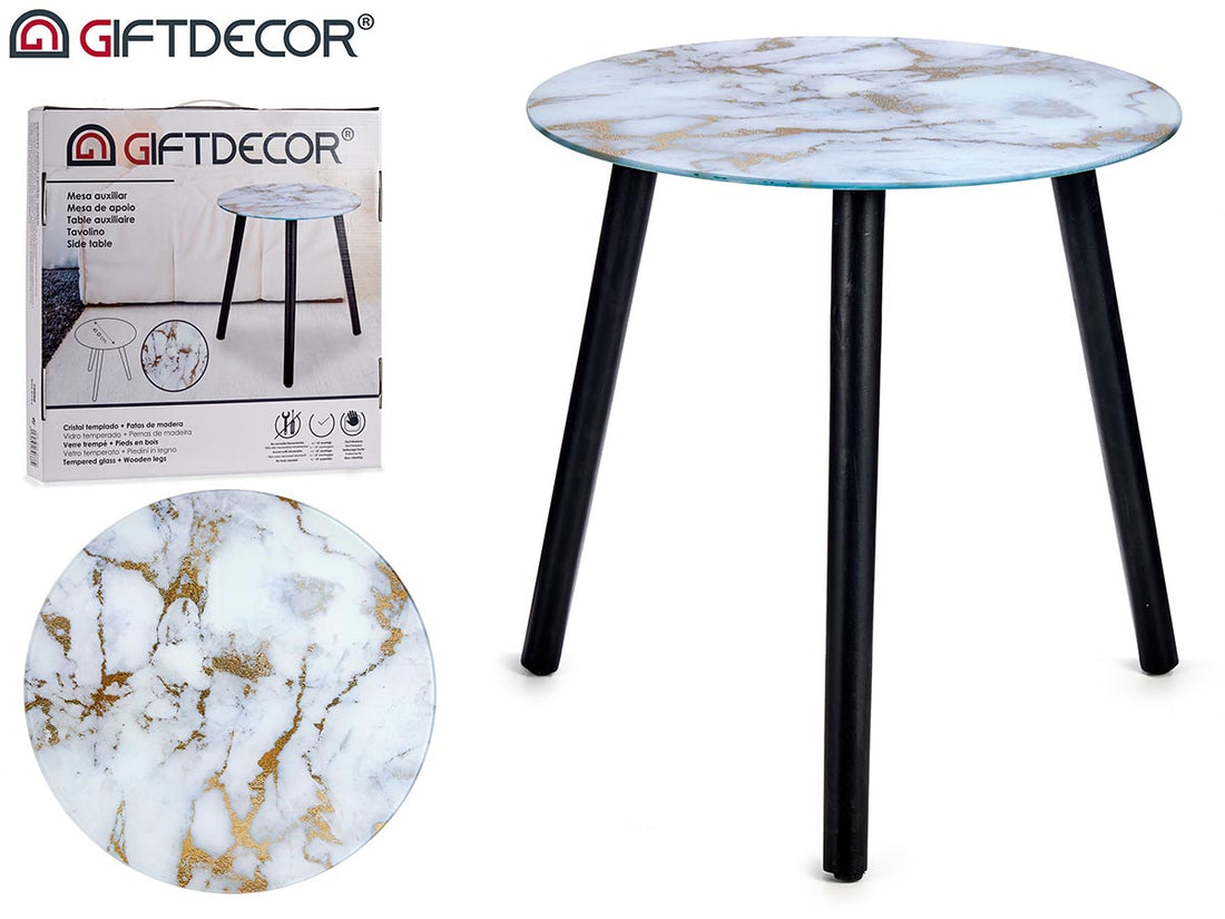 White Gold Marble Effect Glass Table Black Legs
