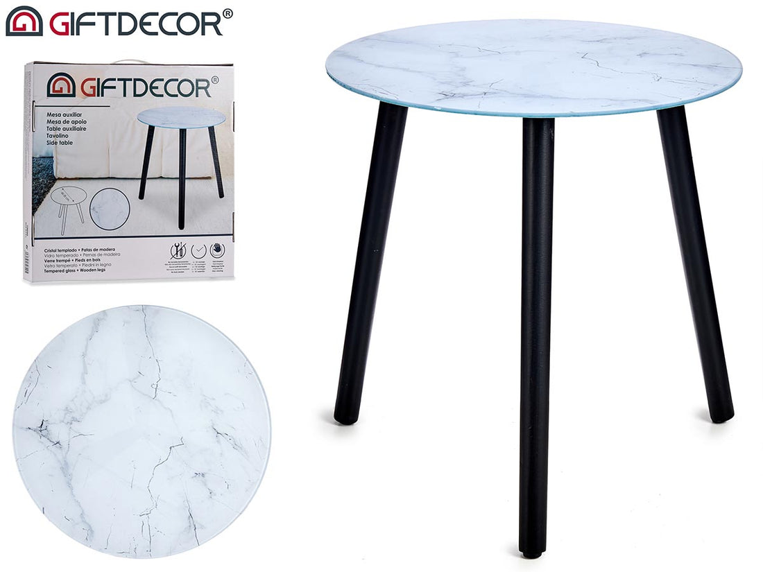 White Marble Effect Glass Table With Black Legs