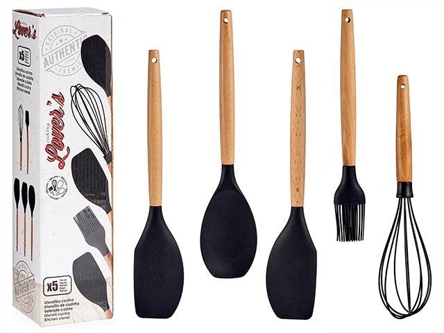 Set 5 Silicone Beech Wood Handle Utensils