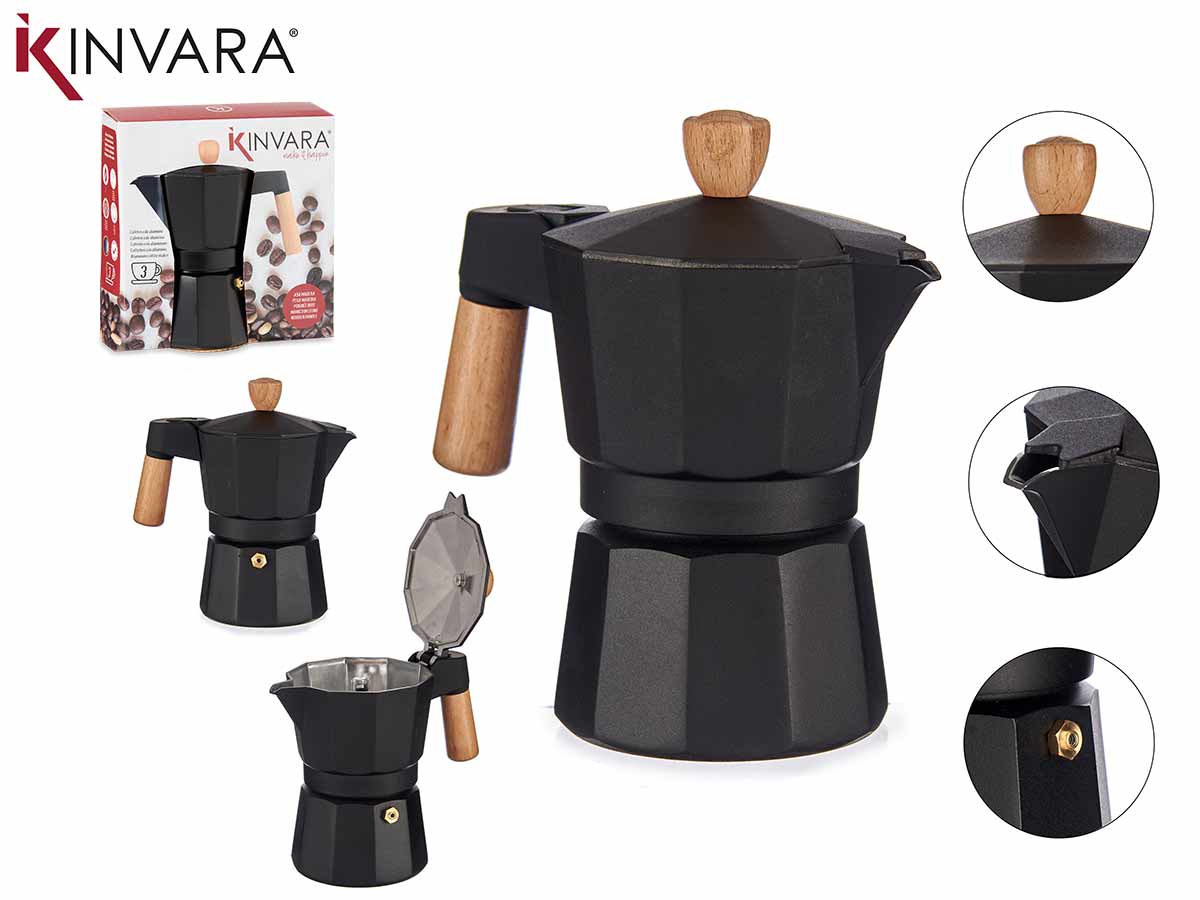 3Cups Black Aluminium Coffee Maker Wood Handle