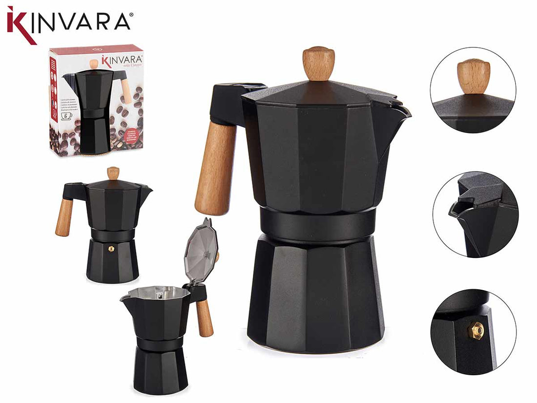 6 Cups Black Aluminium Coffee Maker Wood Handle