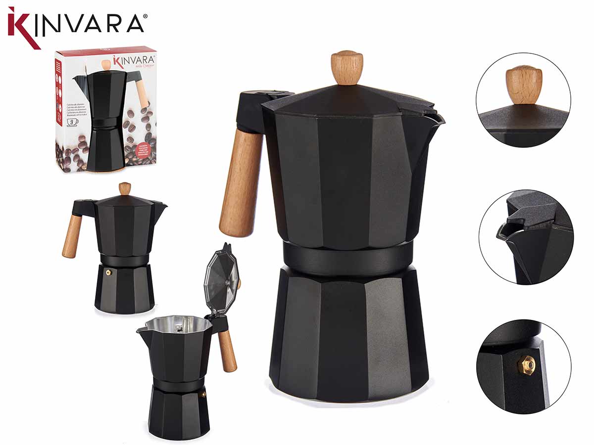 9 Cups Black Aluminium Coffee Maker Wood Handle