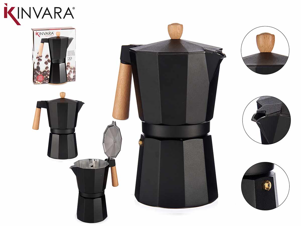 12 Cups Black Aluminium Coffee Maker Wood Handle