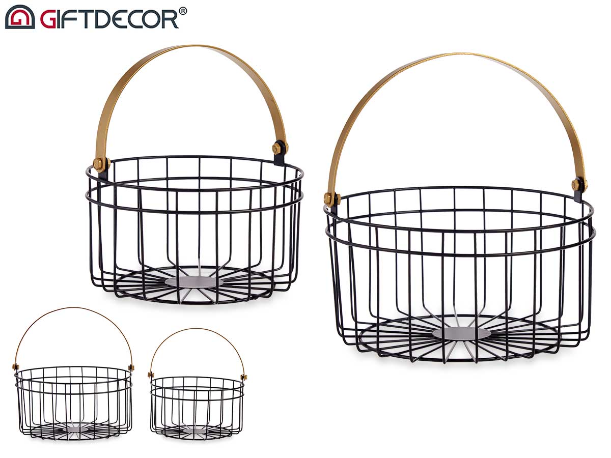 Set Of Two Round Black Baskets With Golden Handle