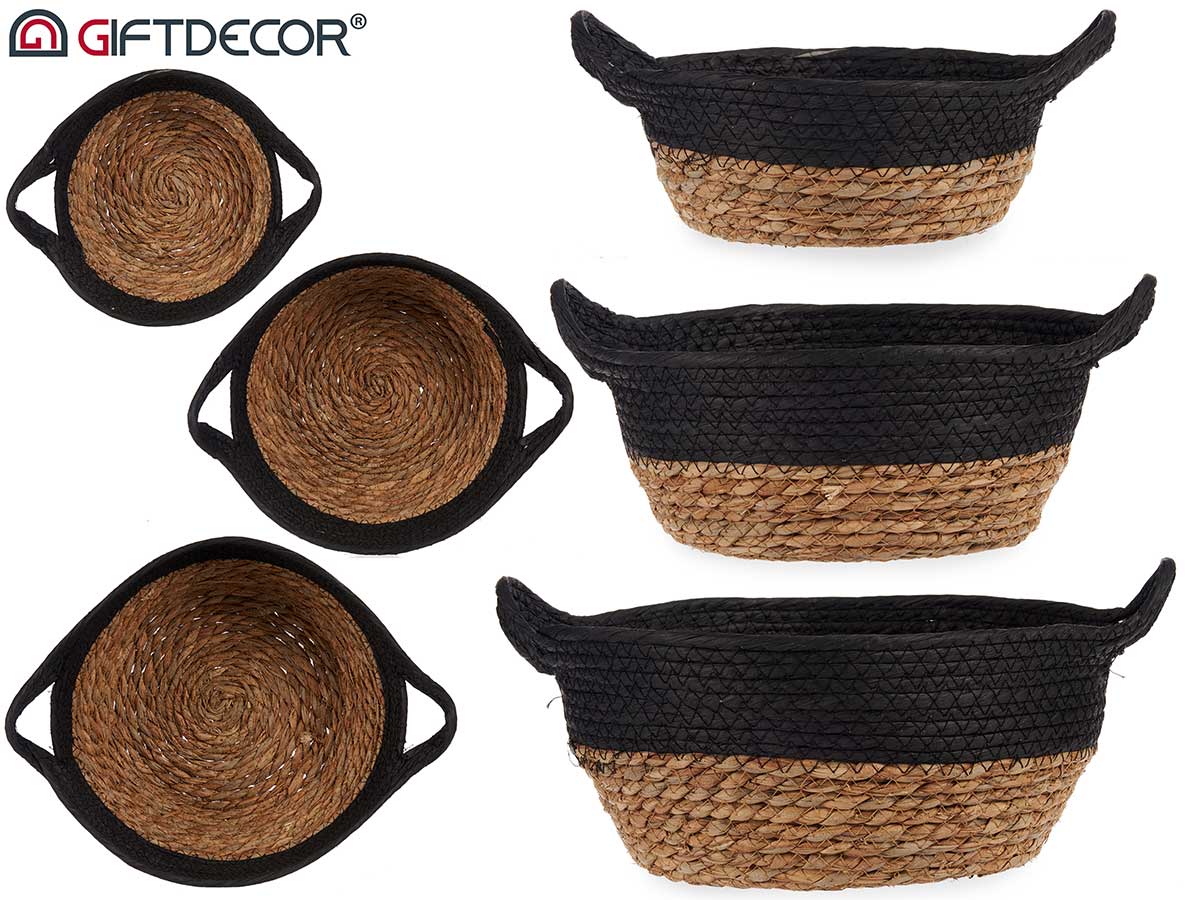 Set 3 Seagrass Basket Black Holder