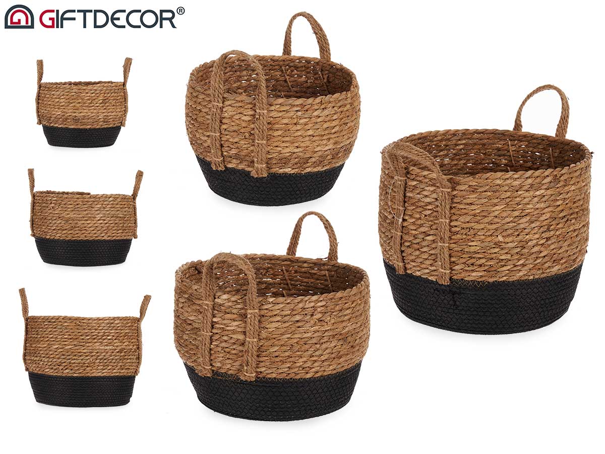 Set 3 Seagrass Basket Black Bottom