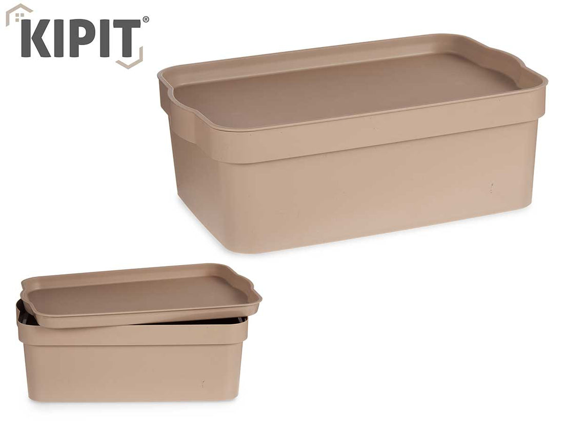 Caja De Almacenamiento Plástico Beige Con Tapa 6L