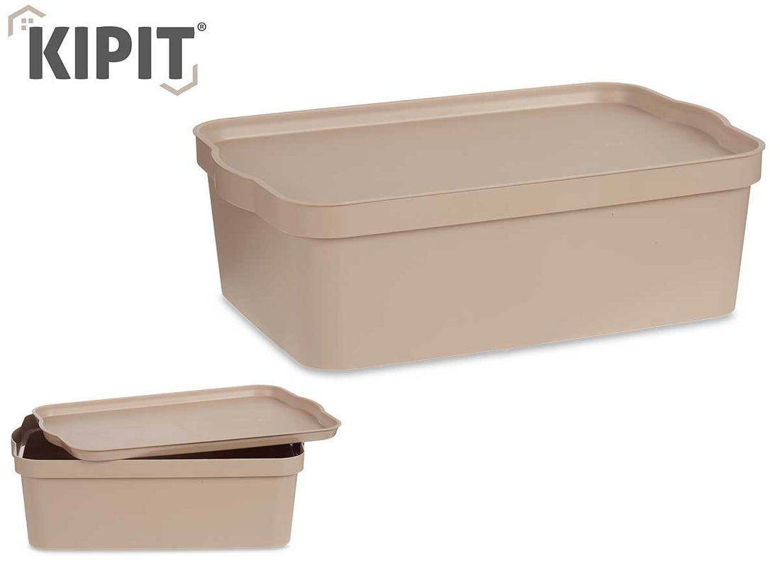 Caja De Almacenamiento Plástico Beige Con Tapa 14L