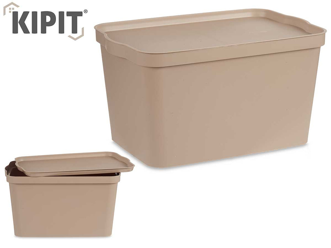 Caja De Almacenamiento Plástico Beige Con Tapa 24L