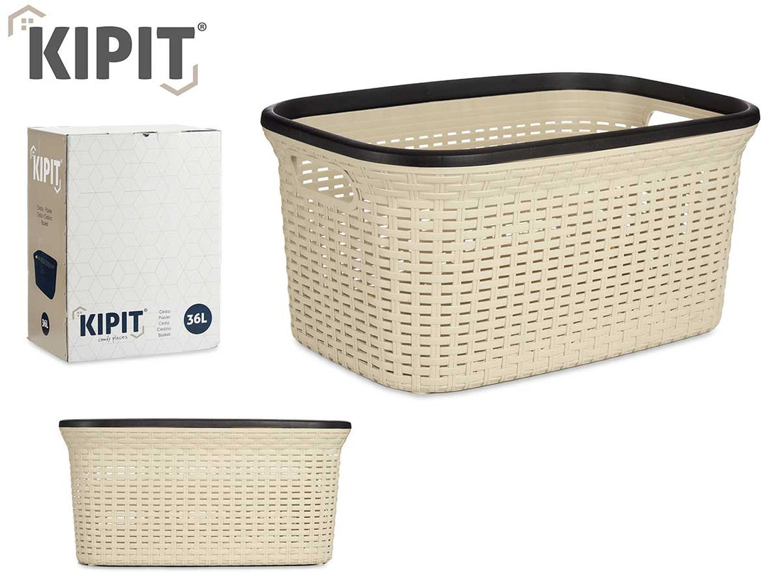 Cream Rattan Plastic Laundry Basket 36L