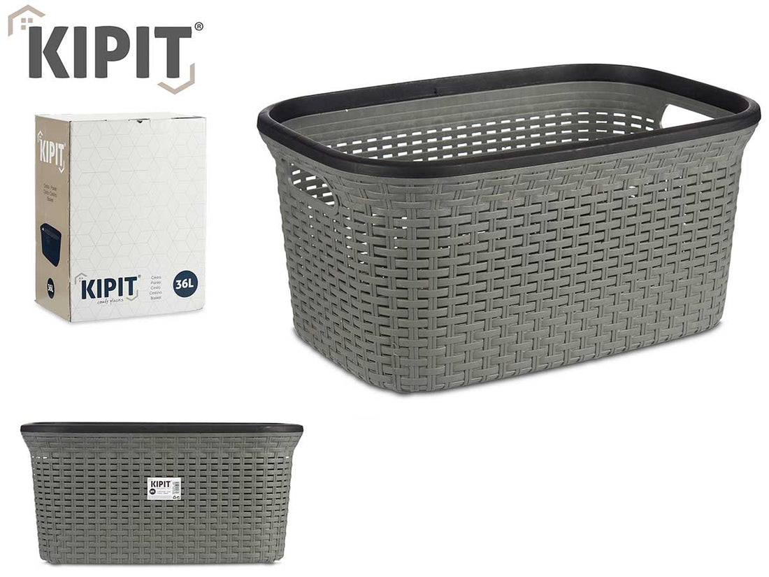 Grey Rattan Plastic Laundry Basket 36L