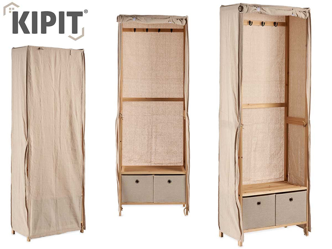Natural Coat Stand With 2 Fabric Drawers