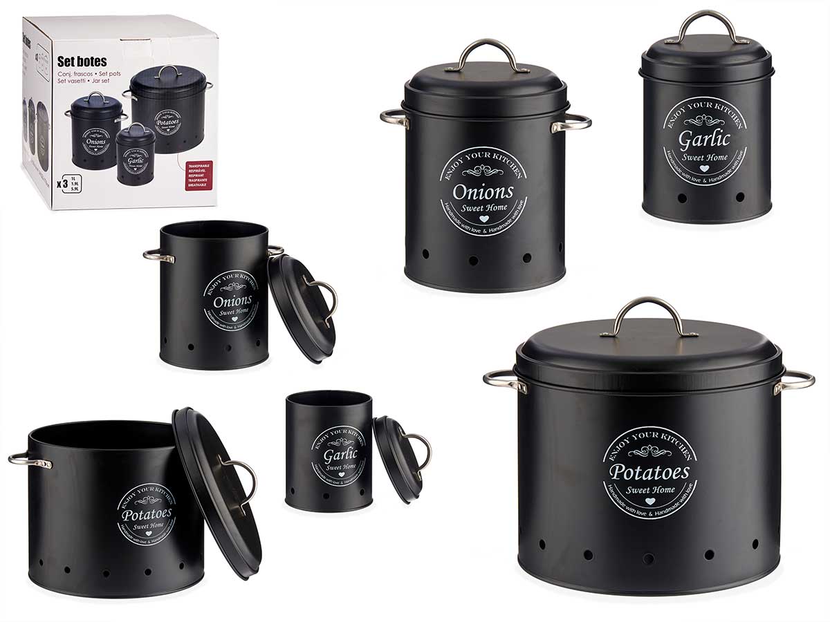 Set 3 Black Enjoy Your Kitchen Metal Tin