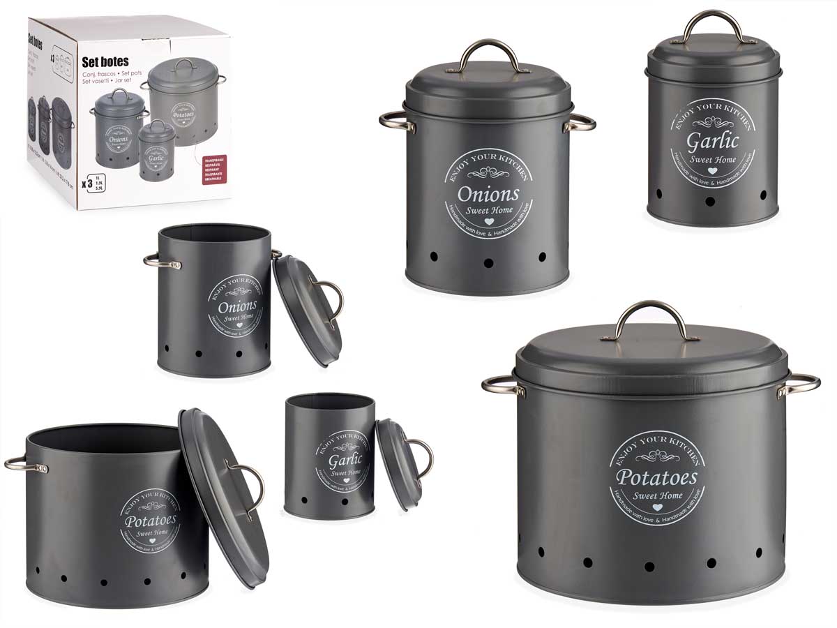 Set 3 Grey Enjoy Your Kitchen Metal Tin