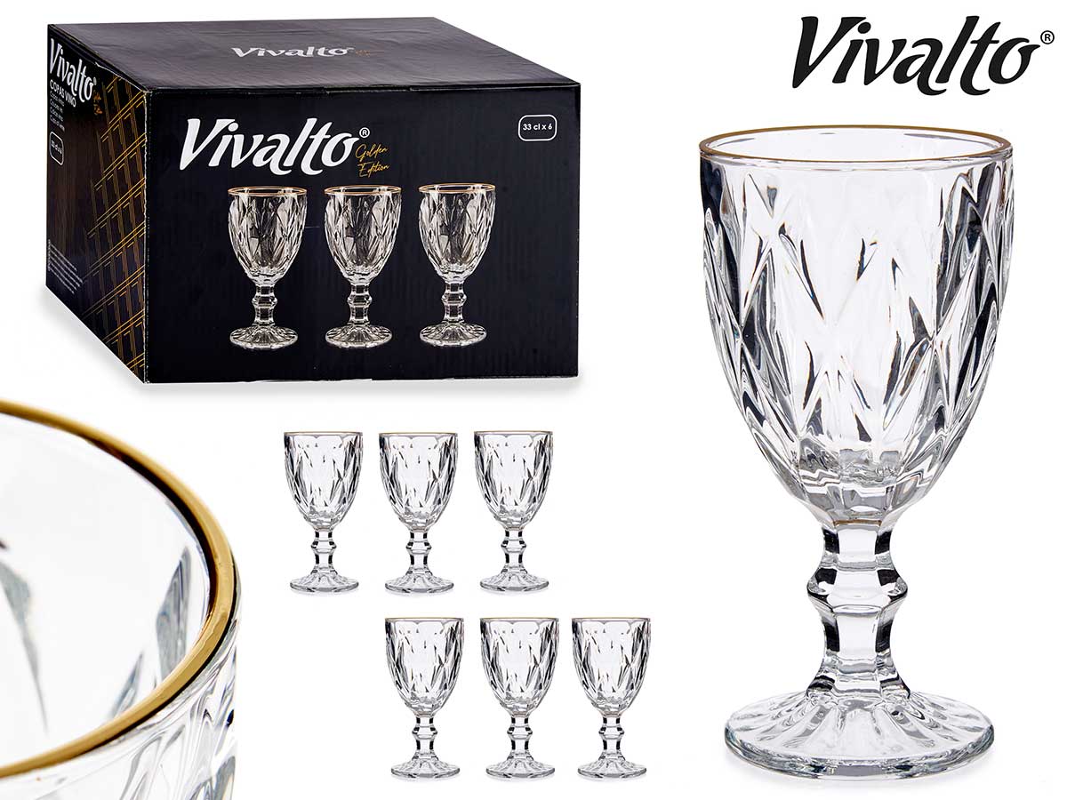 Copa de vino con forma de diamante y borde dorado 330 ml