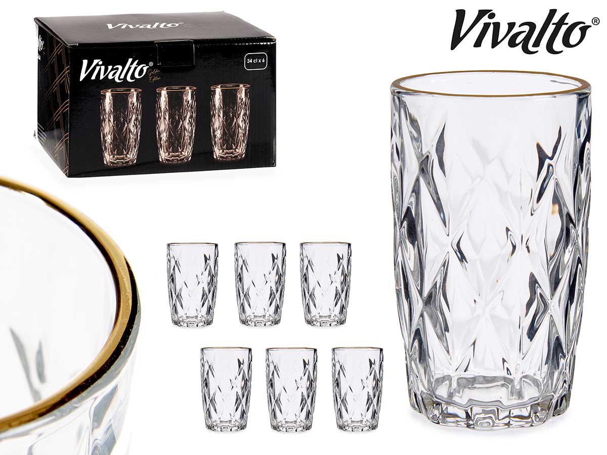 Vaso de agua en forma de diamante con borde dorado 340 ml