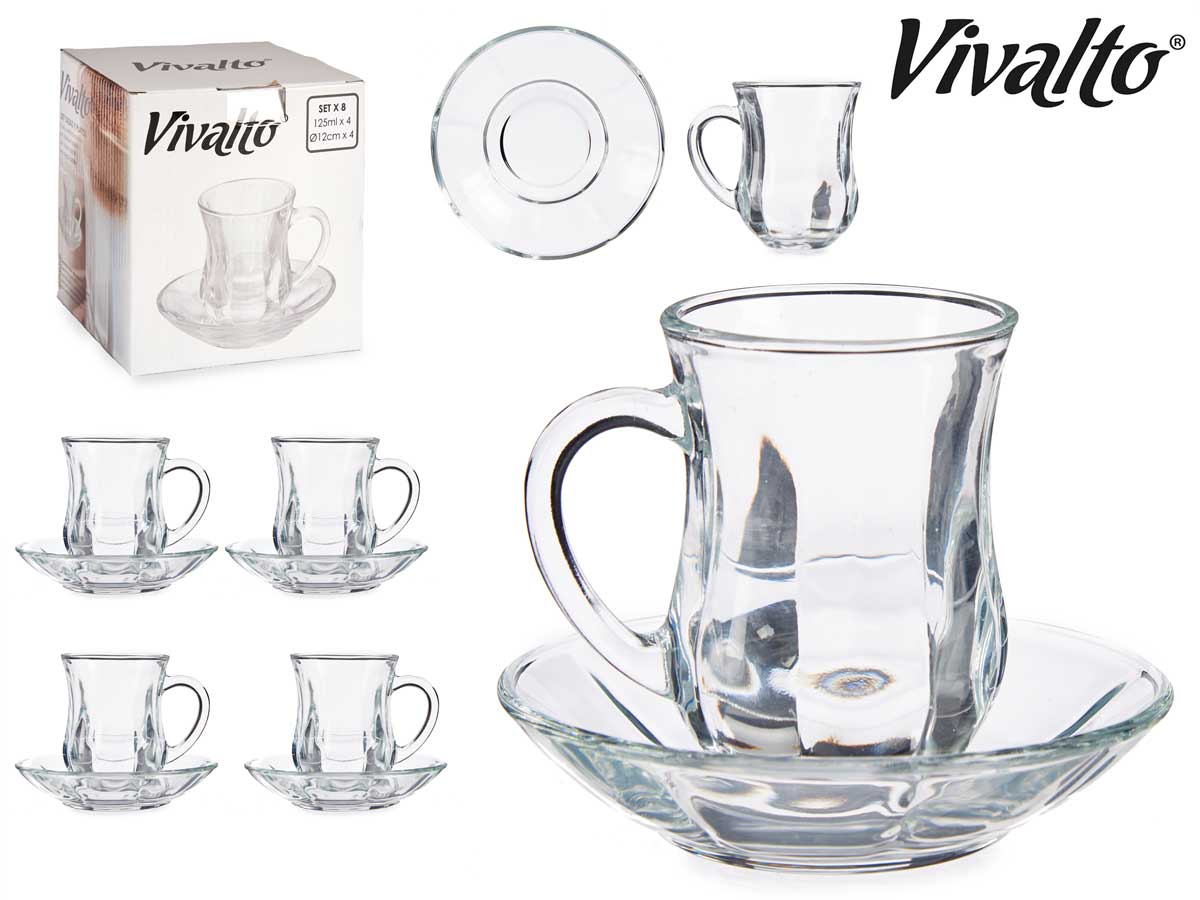 Set 4 Tazas Cristal Liso Con Plato 125 ml