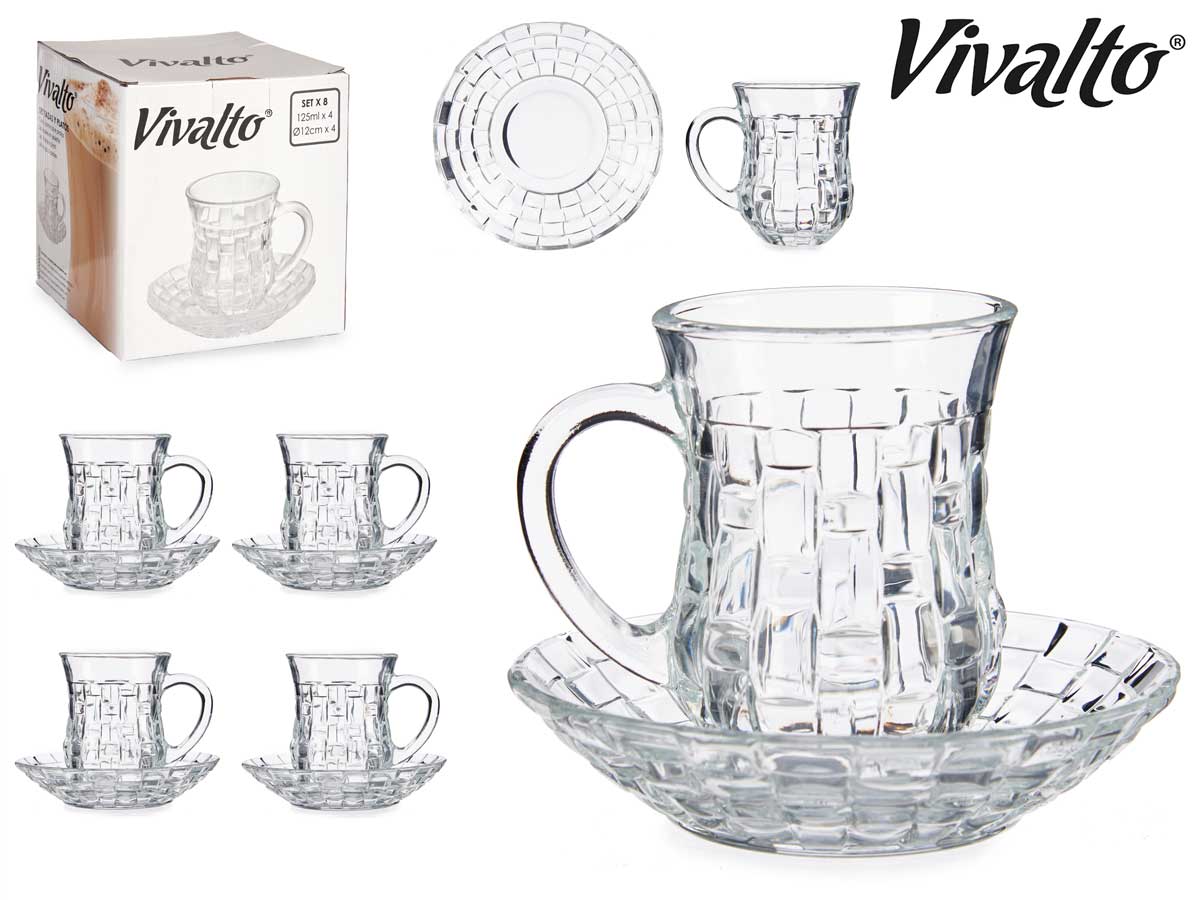 Set 4 Tazas Vidrio Forma Mimbre Con Plato 125 ml