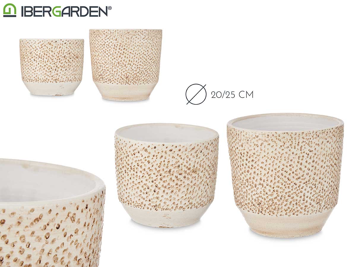 Set 2 20 / 25 cm Beige Ceramic Flowerpot W/ Dots