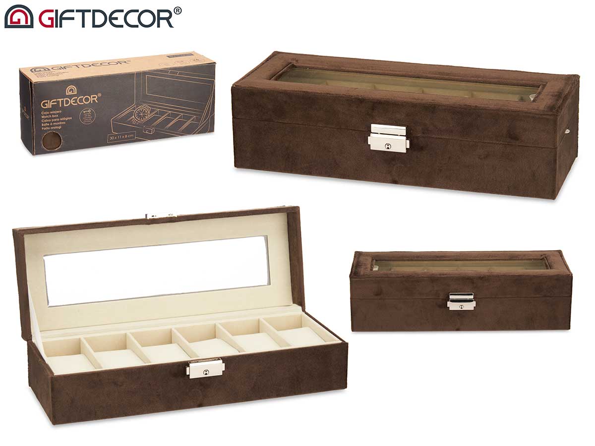 Caja De Reloj 6 Ranuras Y Cerradura Marrón Oscuro