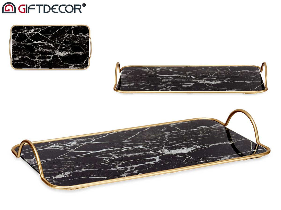 Tray With Handles 35 cm Black Marble Effect Glass