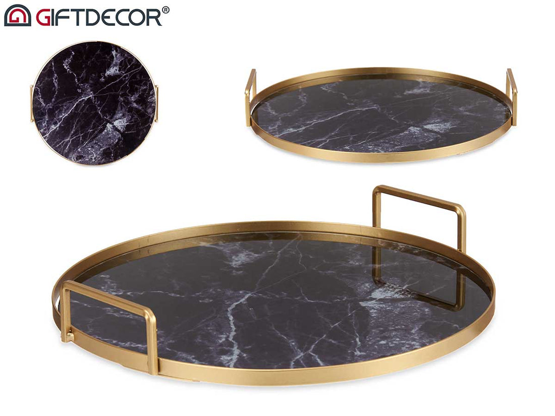 Tray With Handles 30 cm Black Marble Effect Glass