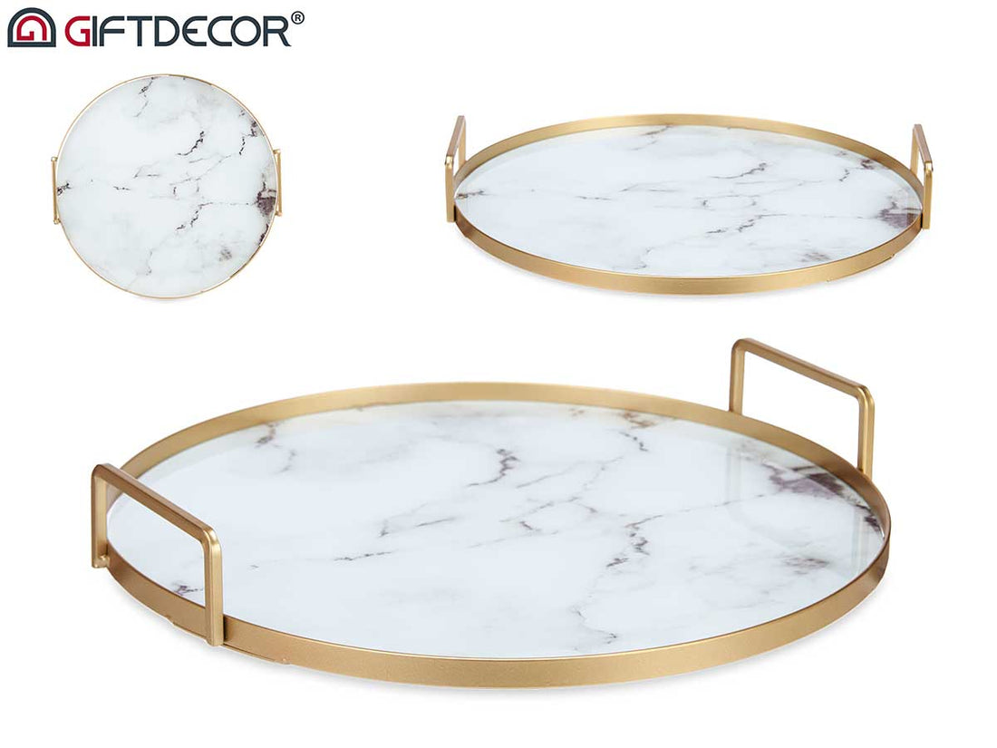 Tray With Handles 30 cm White Marble Effect Glass