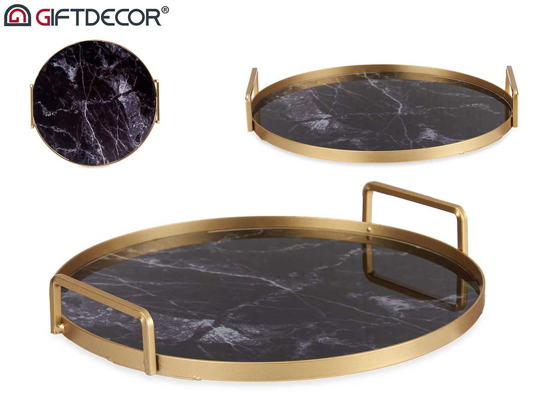 Tray With Handles 25 cm Black Marble Effect Glass