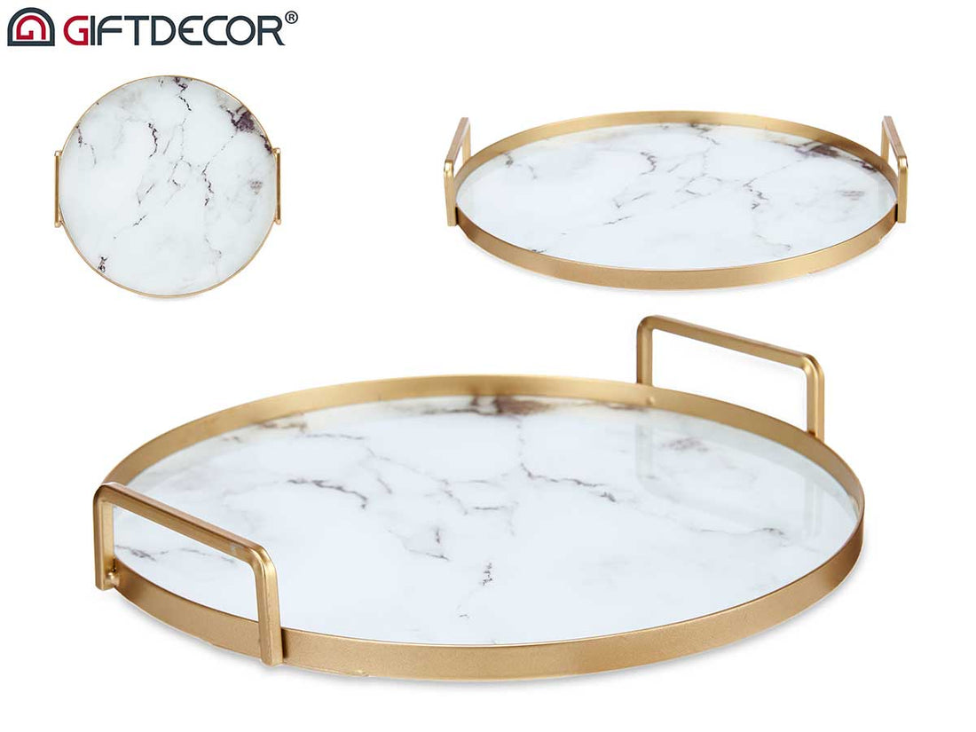 Tray With Handles 25 cm White Marble Effect Glass