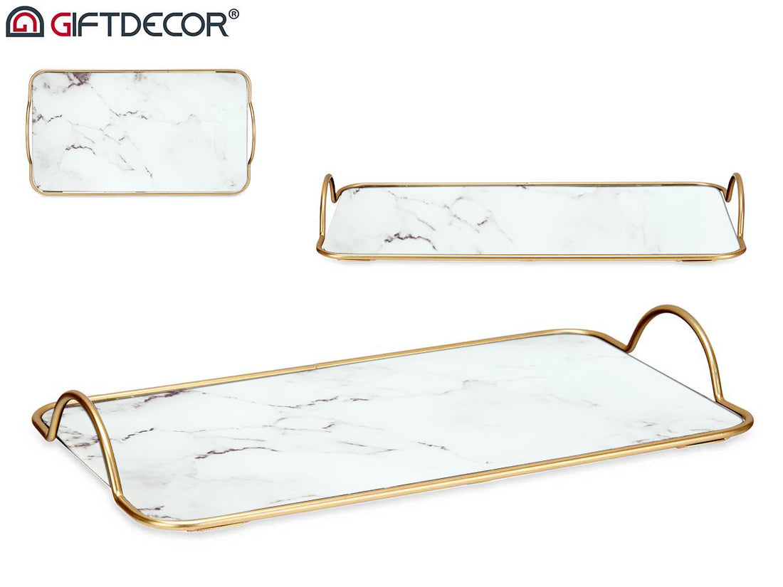 Tray With Handles 35 cm White Marble Effect Glass