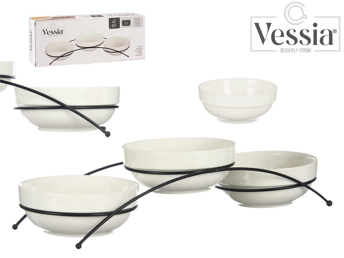 Set 3 Boles Porcelana Blanco Redondos Con Soporte 350Ml