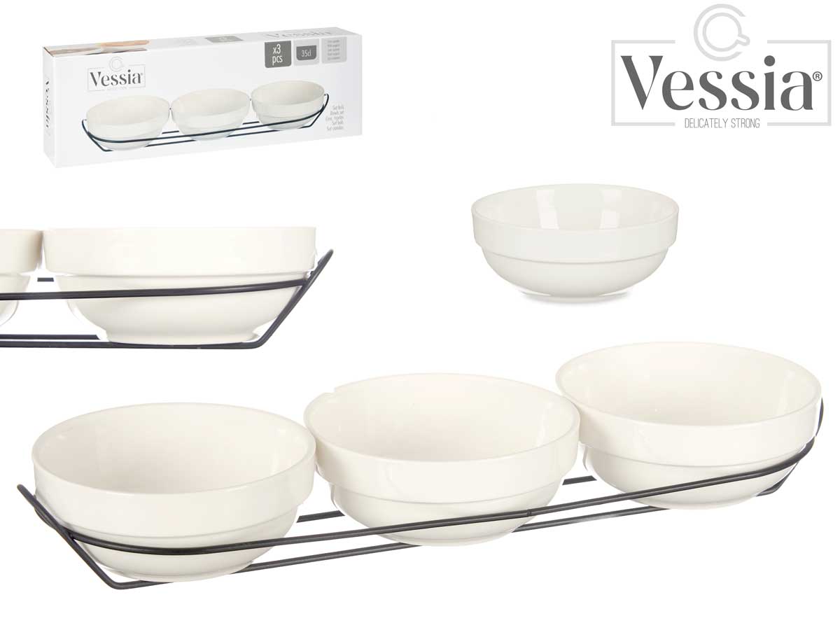 Set 3 Boles Porcelana Blanco Con Soporte 350Ml