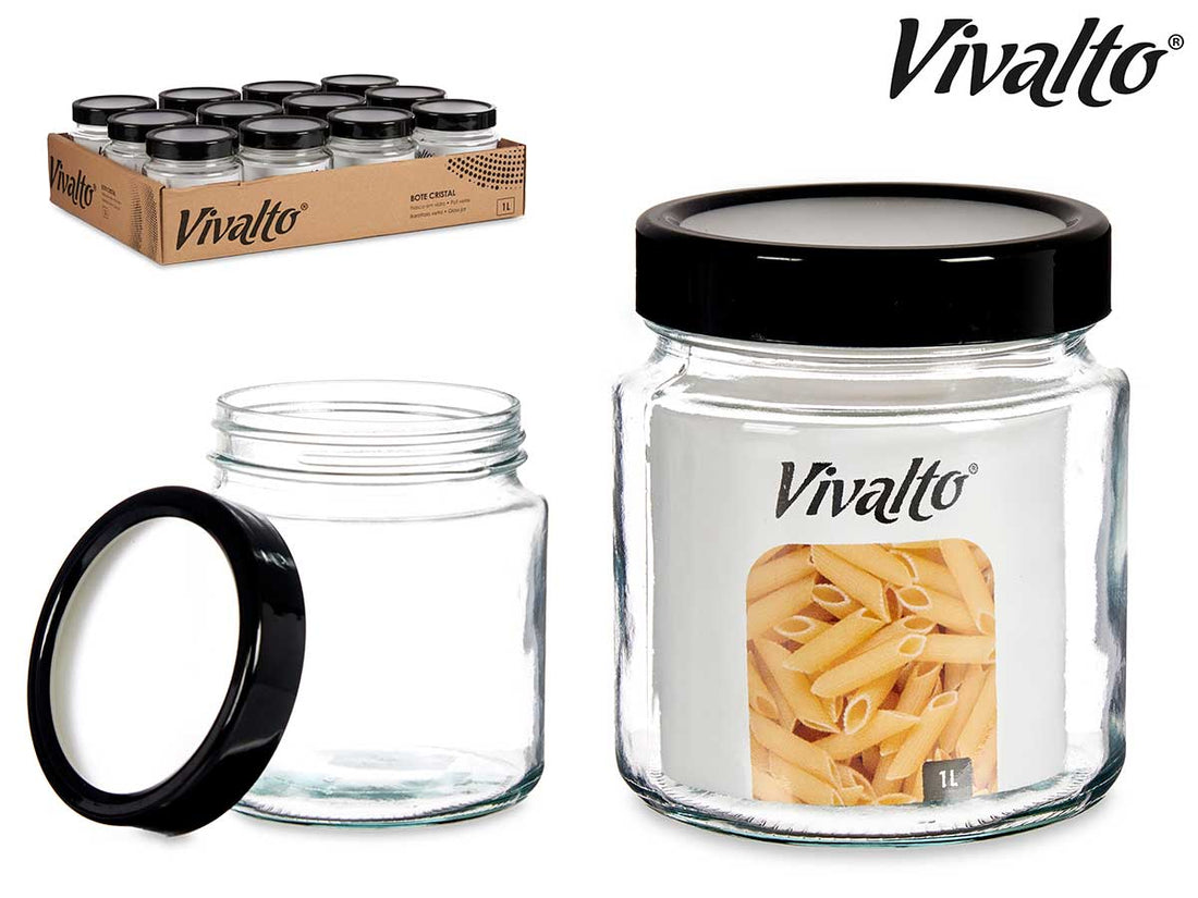 Frasco de Vidro Transparente Tampa Preta 1L