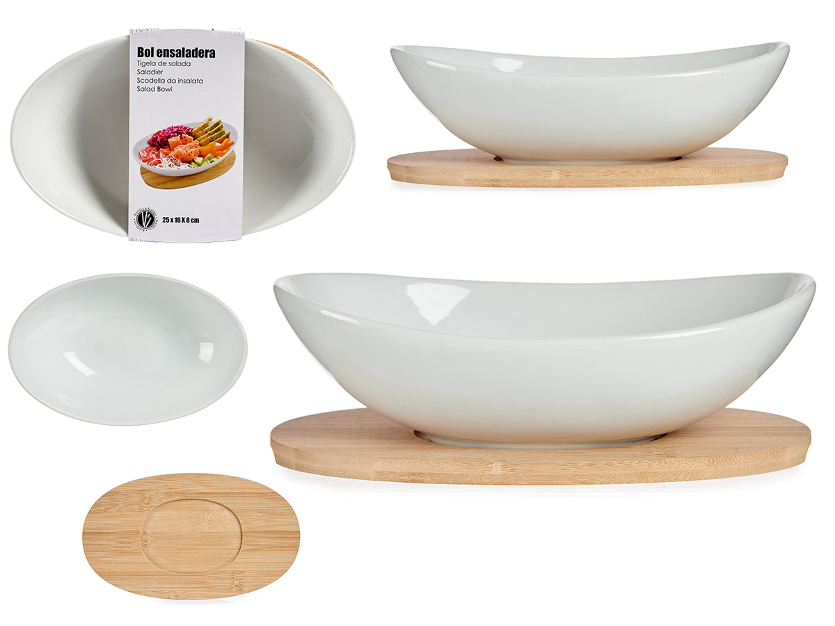 Tigela de salada oval de cerâmica com base de bambu