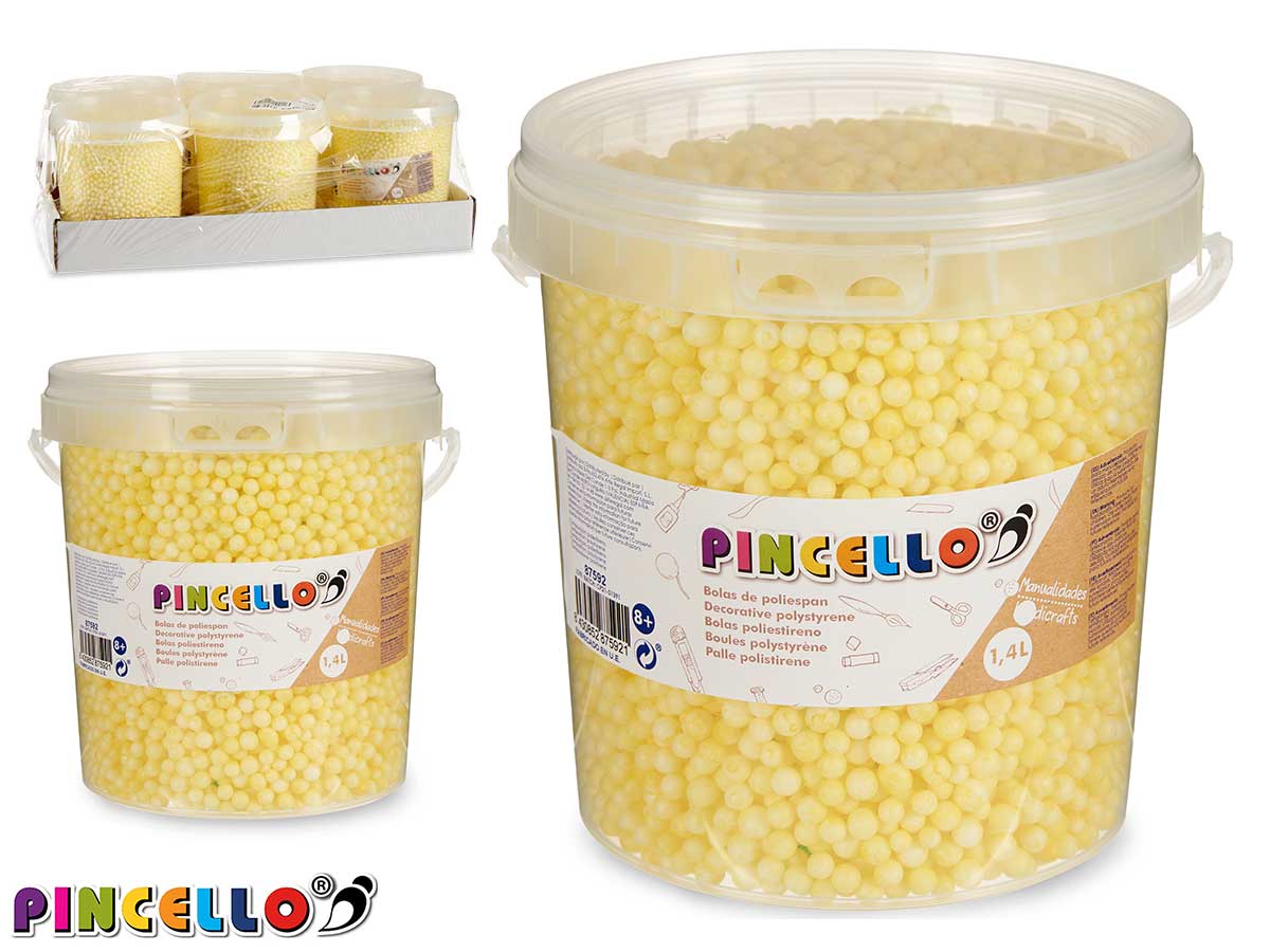 Tarro de bolas de poliestireno amarillo