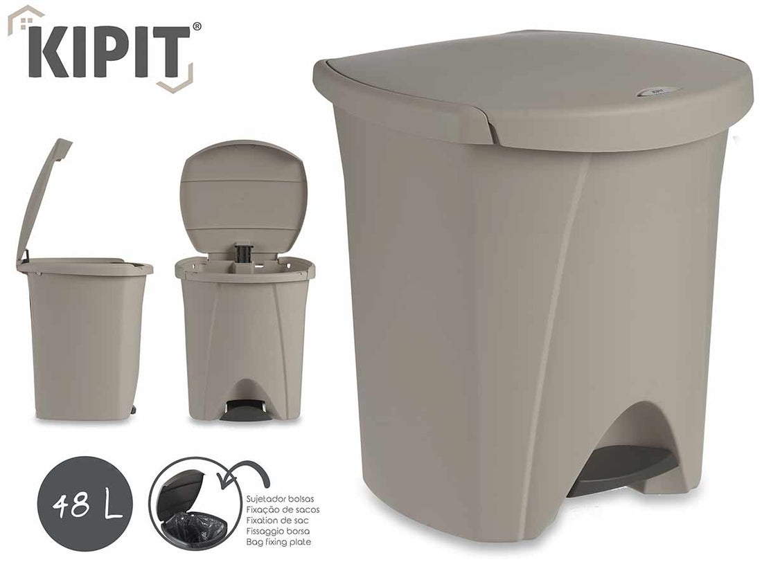 Taupe Plastic Bin With Pedal And Fastener 48L