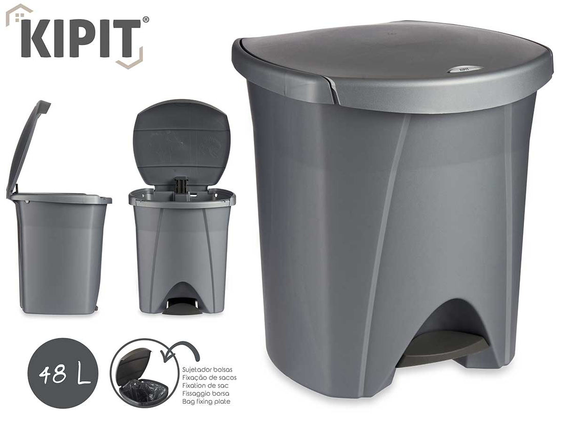 Silver Plastic Bin With Pedal And Fastener 48L