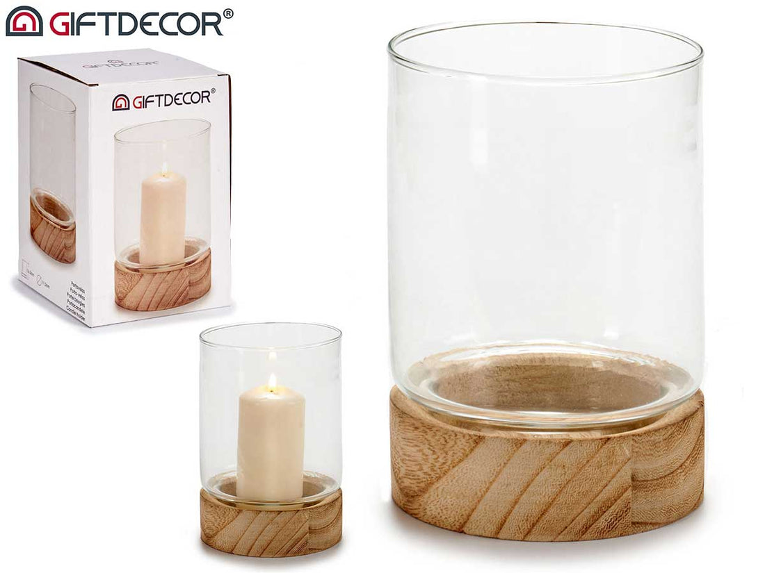Glass Candleholder Wood Base Orbed Mediu