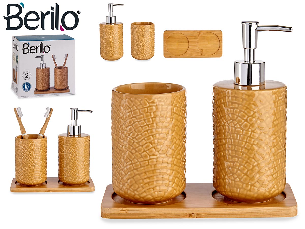 Conjunto de banheiro de 2 peças de cerâmica camelo com bandeja de bambu