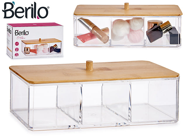 Caja Acrílico Rectangular 3 Ranuras Con Tapa De Bambú