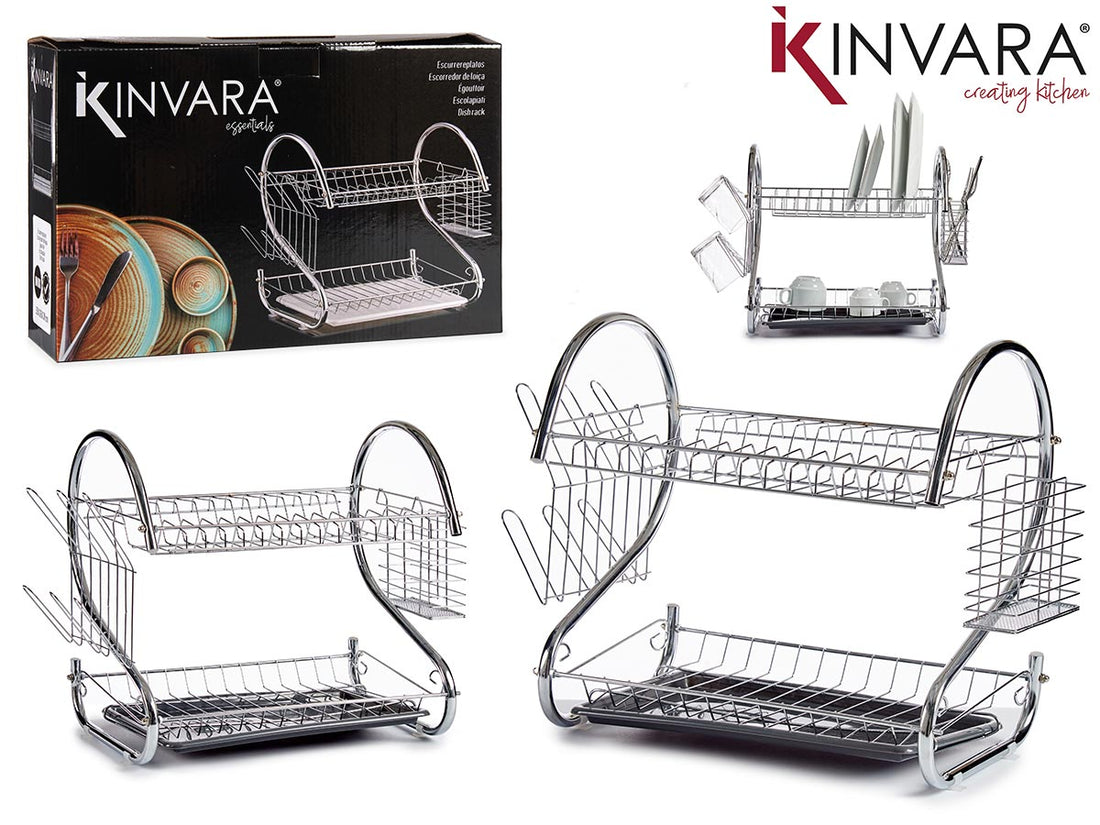 Grey Metal Double Dish Rack With Pp Tray