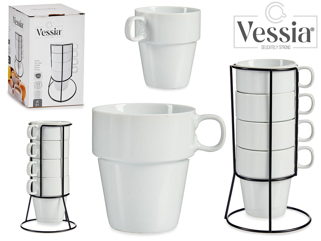 Set Four Stackable White Cups With Black Stand