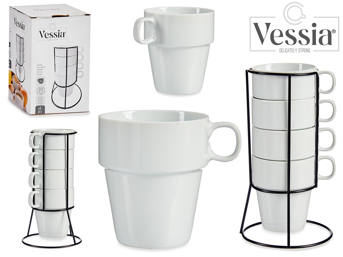 Set Cuatro Vasos Apilables Blancos Con Soporte Negro