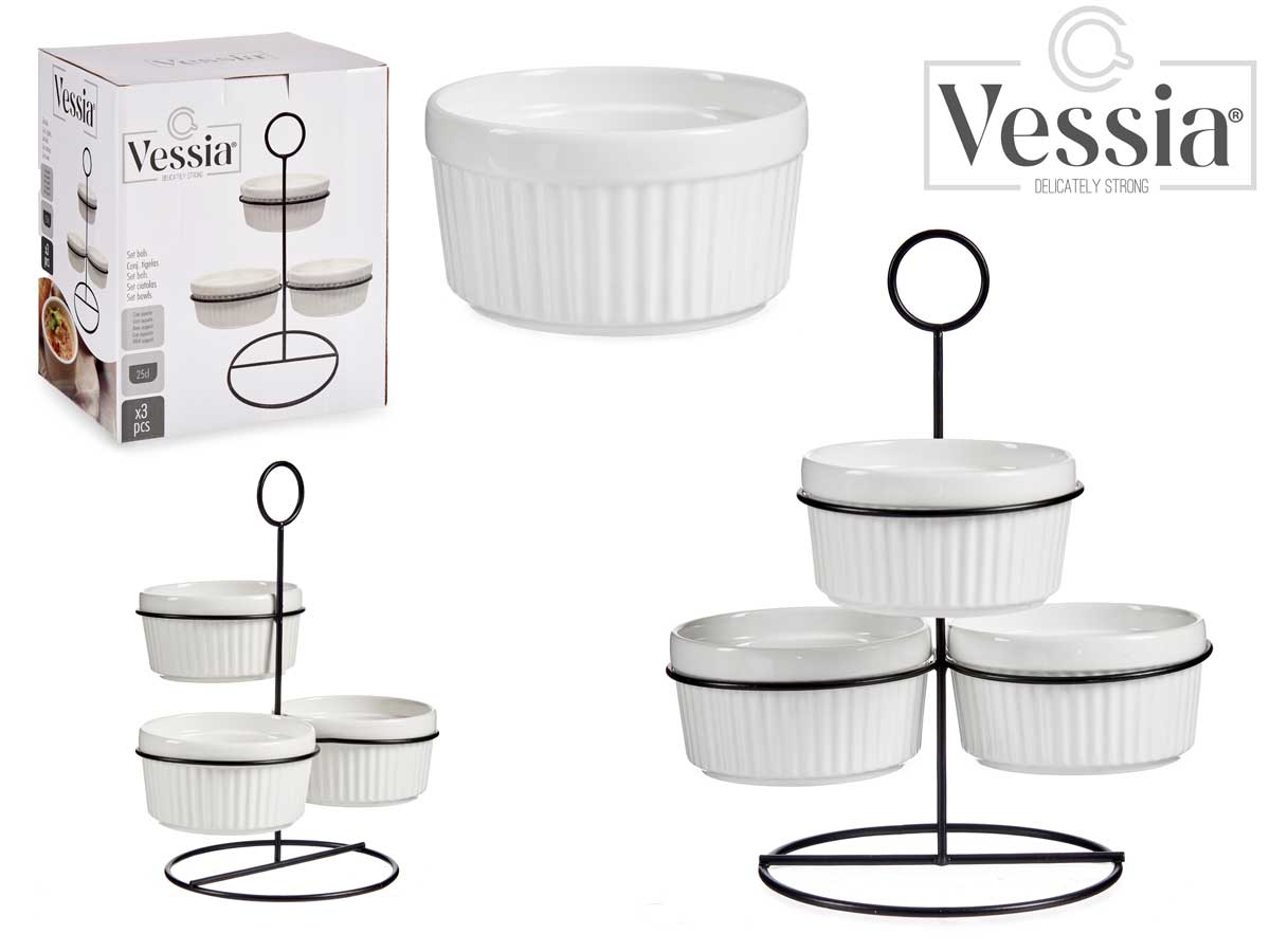 250Ml Set 3 Round White Bowls With Shelf