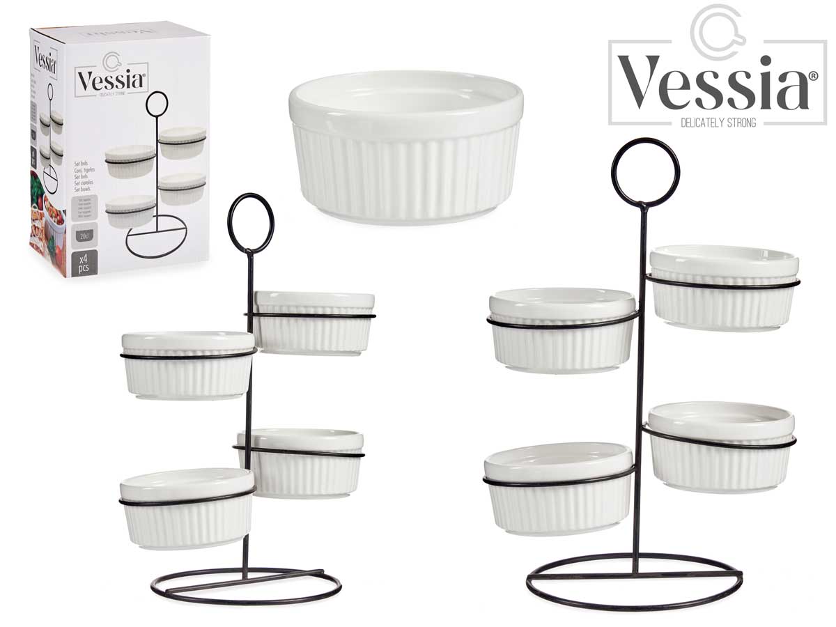 Set 4 Round White Bowls With Black Stand 200Ml