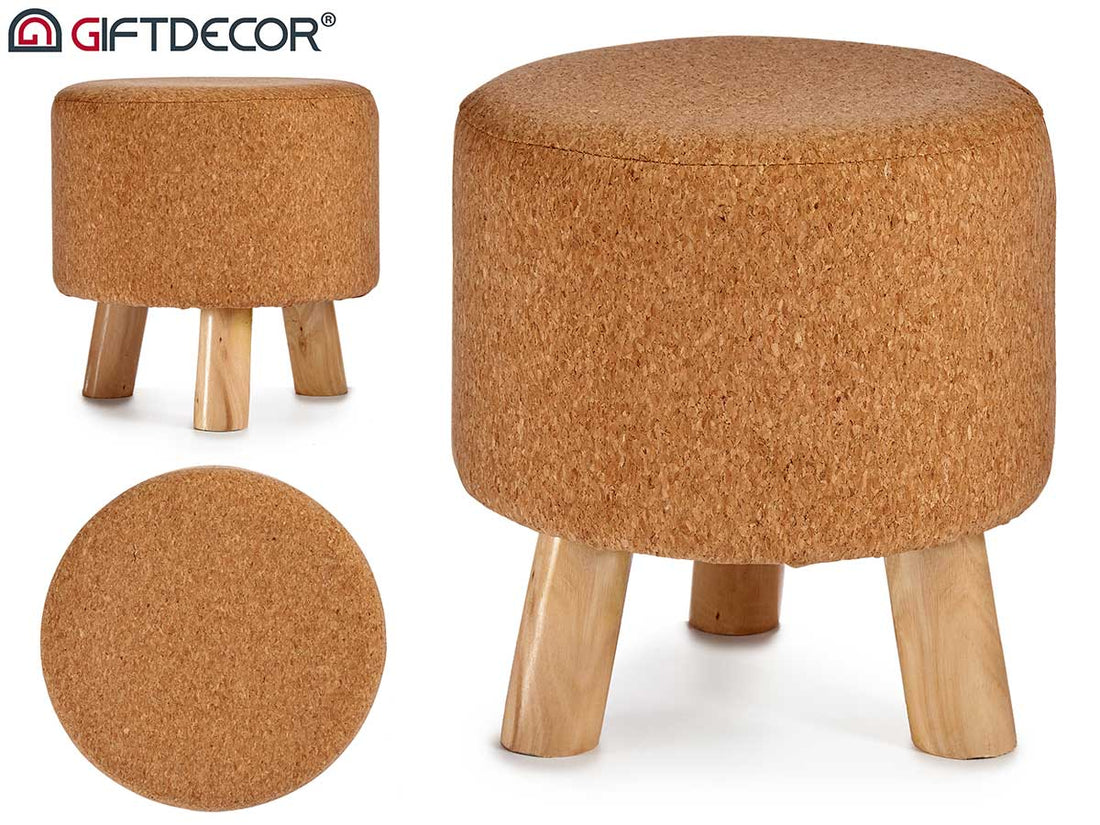 Round Cork Puff With 3 Legs Natural Wood