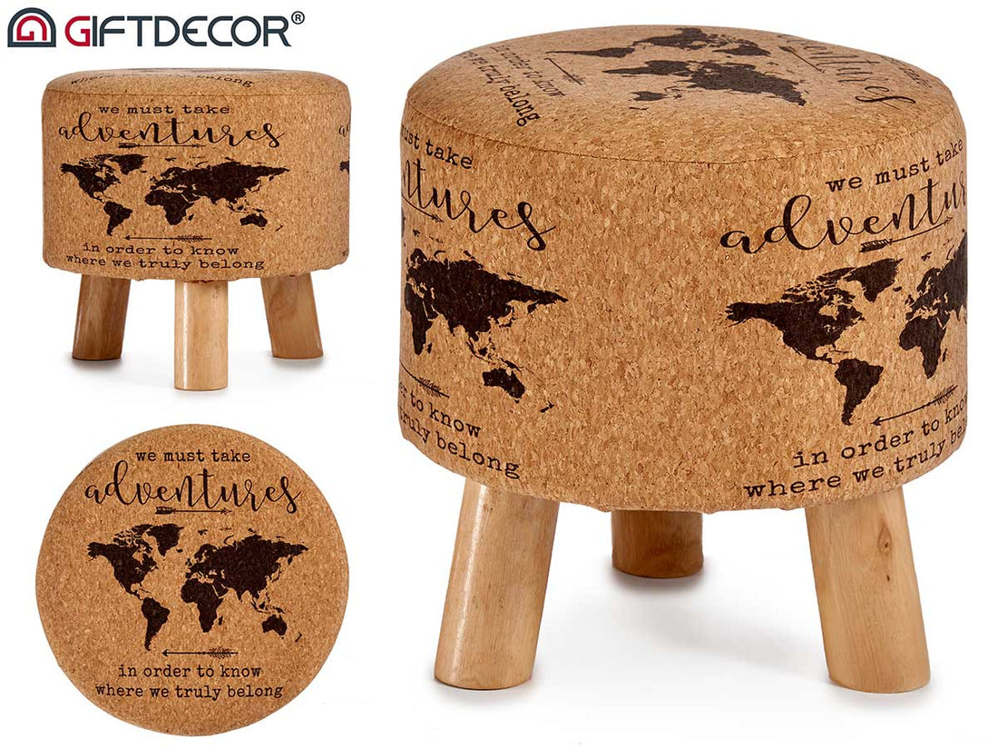 Round Cork Puff With 3 Legs World Map Wood